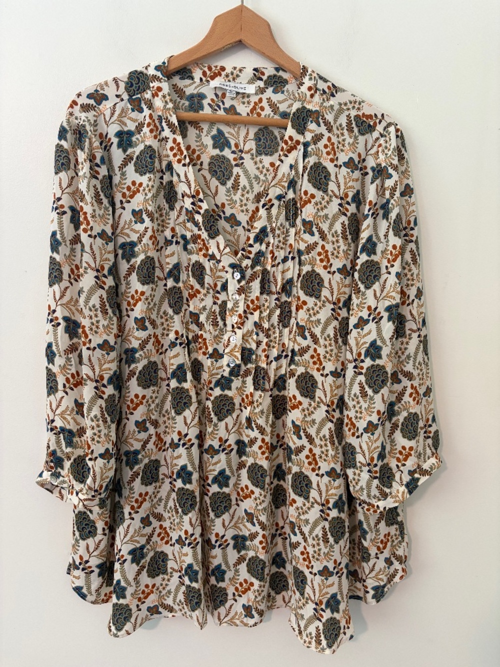 ROSE & OLIVE Womens 3X Popover Top Multicolor Floral Pintuck 3/4 Sleeve Peasant
